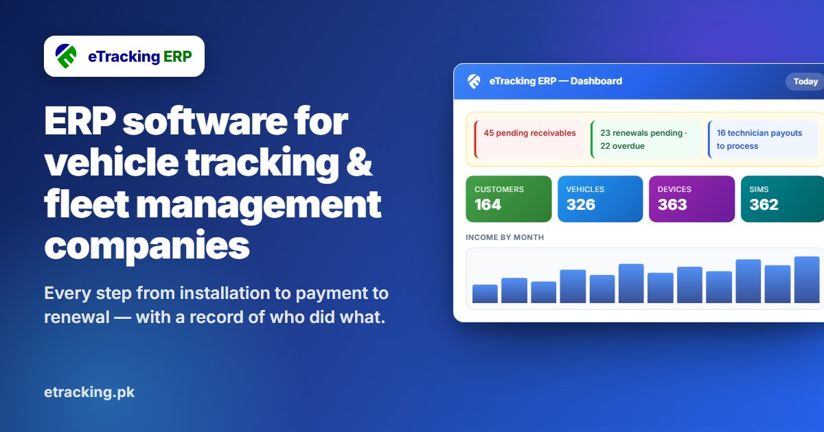 eTracking ERP dashboard showing customers, vehicles, devices and SIMs, pending receivables and renewals, and income by month