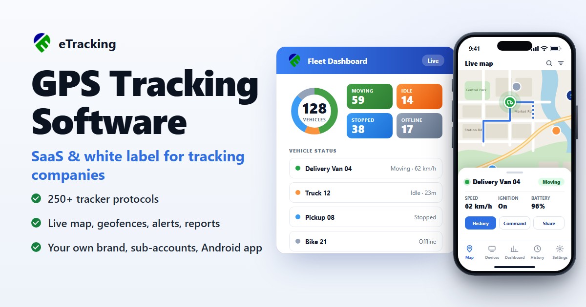 eTracking GPS tracking software: fleet dashboard with vehicle status counts and a live map on a phone